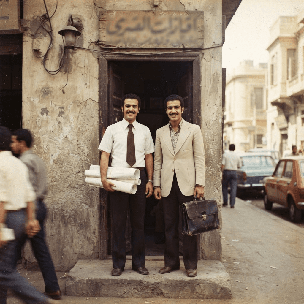 أول موظفين في جابتيك أمام المكتب الأصلي.