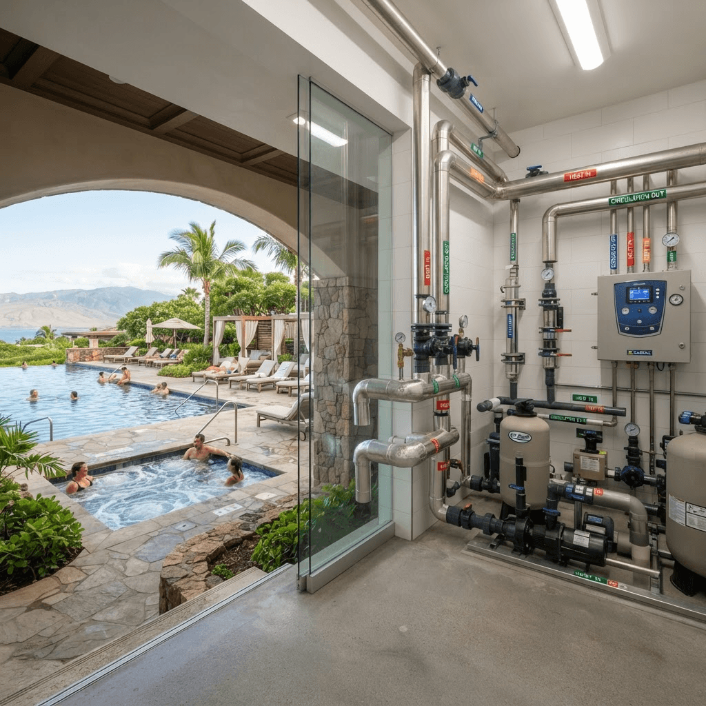 Resort pool filtration and circulation plant room