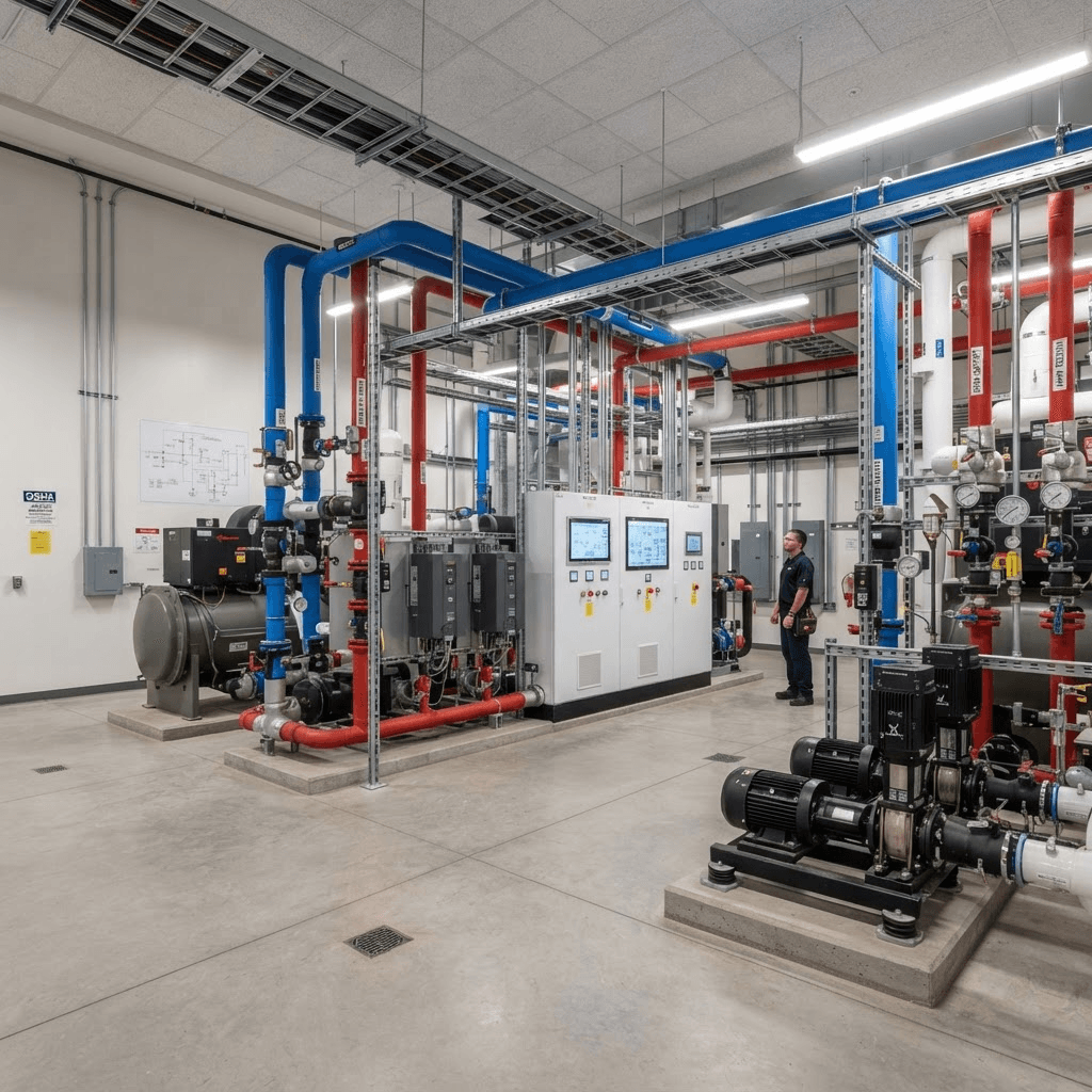 Mechanical plant room with chillers, control panels and booster pumps