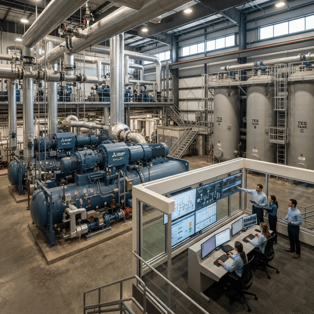 Central chiller plant with thermal energy storage tanks and control room