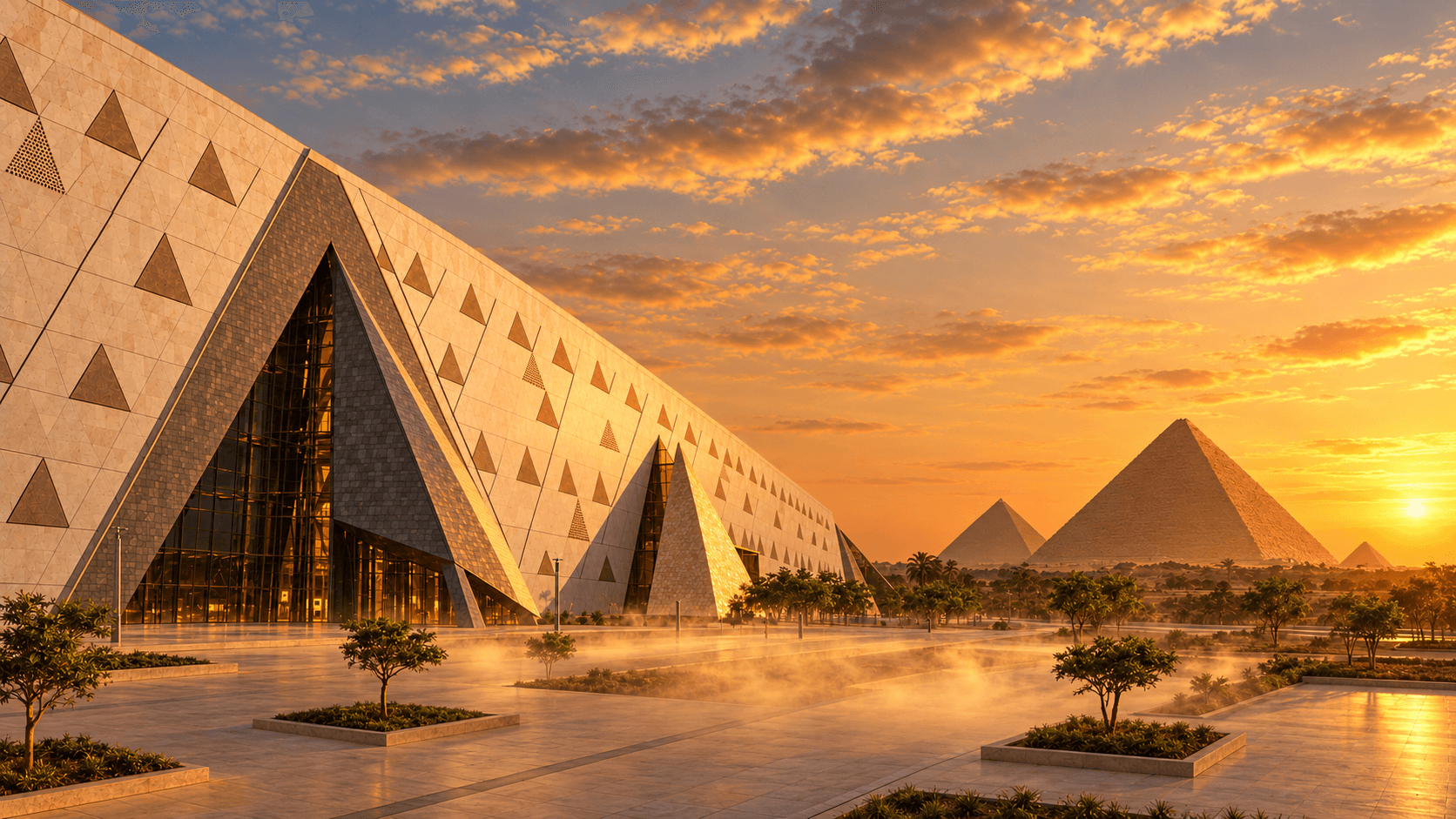 Grand Egyptian Museum at golden sunset with the Giza pyramids in the background