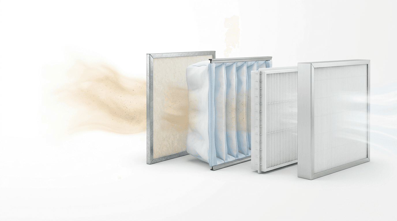 Gabtic filtration stages, pre-filter, pocket, fine and HEPA, with dust thinning at each stage until the air leaves clean