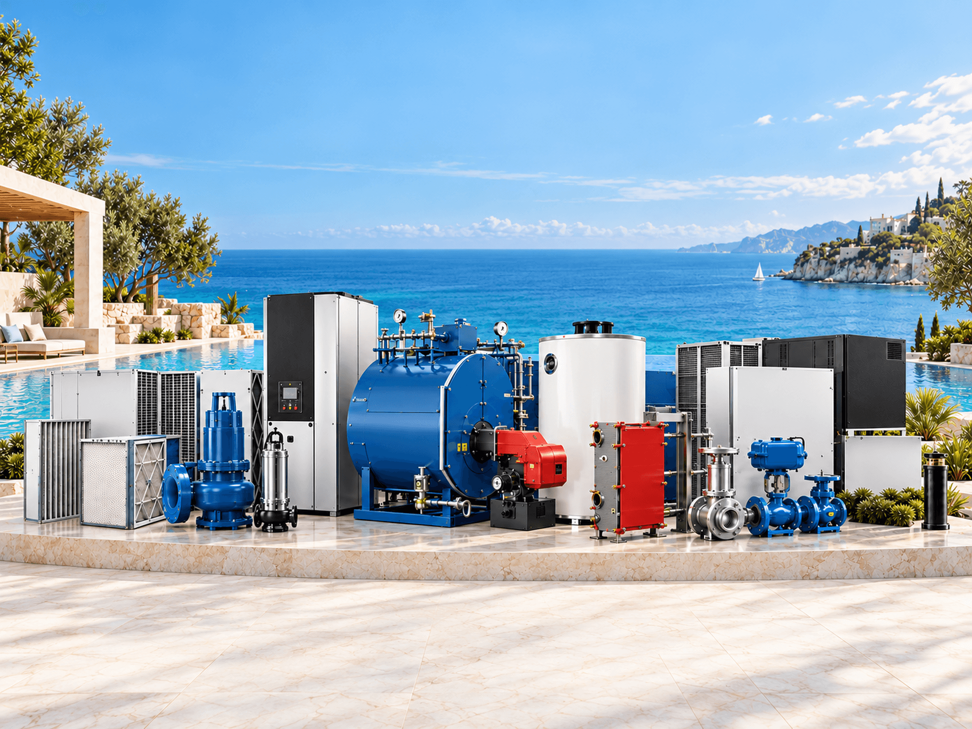Partner brands' filtration, heating, pumping and valve equipment on a seaside terrace